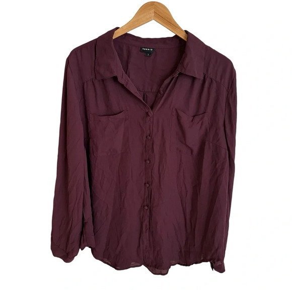 Torrid size 2 2X Madison Wine Button Up Long Sleeve Blouse Top Pockets Career - Picture 1 of 4